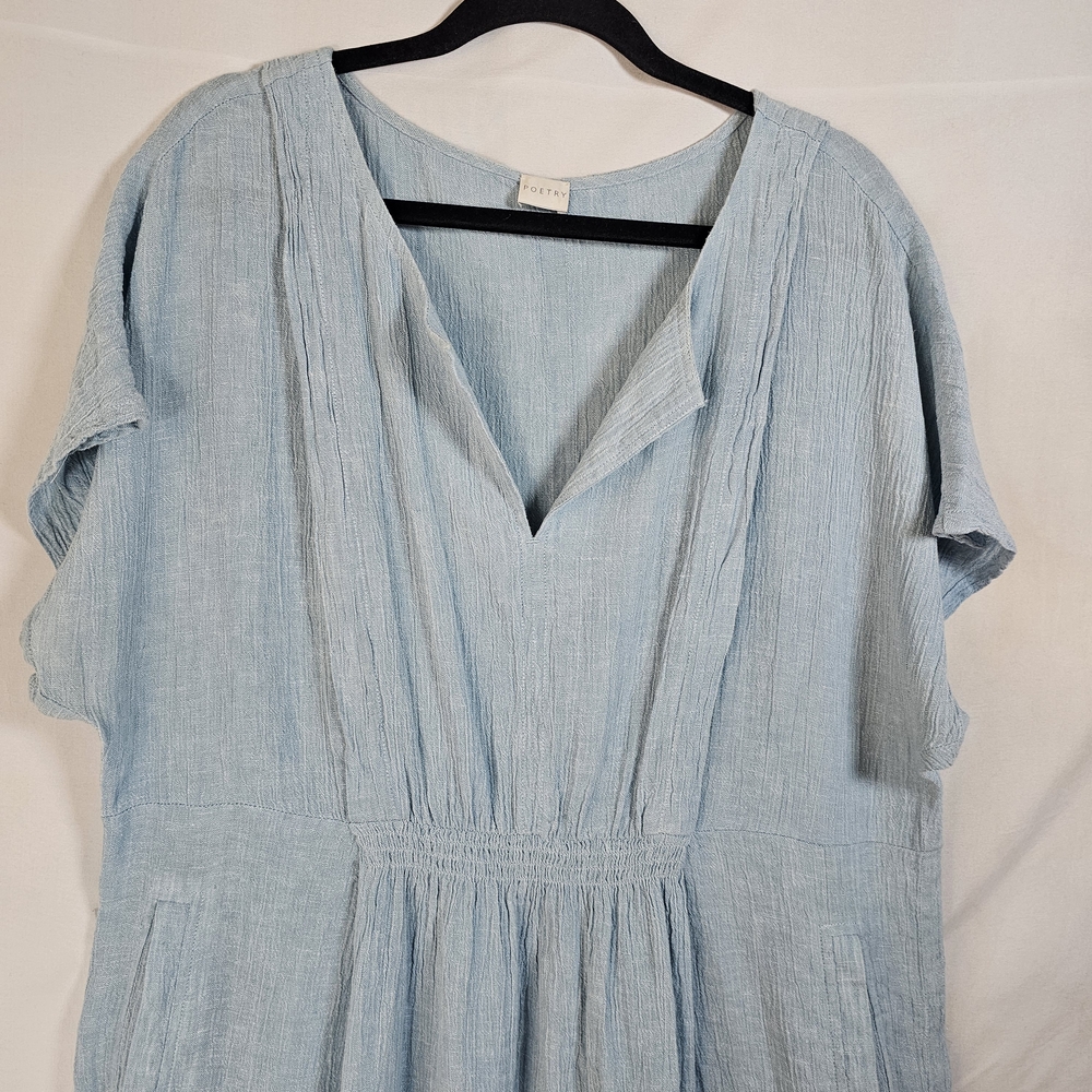 POETRY‎  Midi Linen Dress Sz 14 Powder Blue Shawl-Collar Lagenlook Pocket Art - Picture 3 of 10